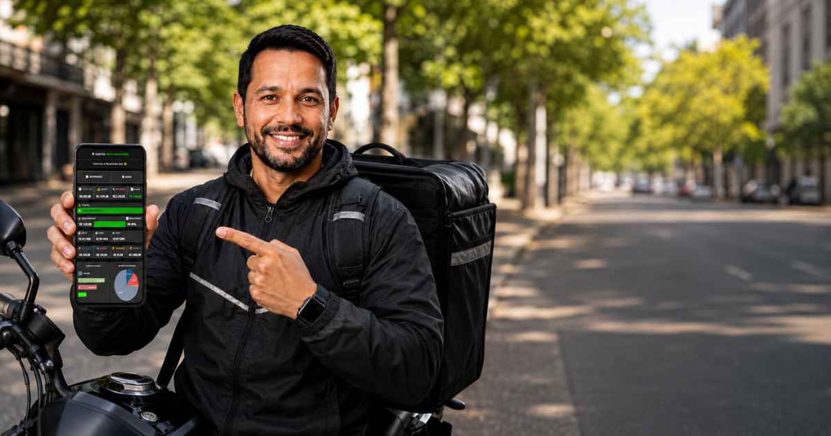 Imagem da tela da Planilha Motoboy exibindo gráficos de faturamento diário, gastos de combustível e cálculo de lucro líquido.