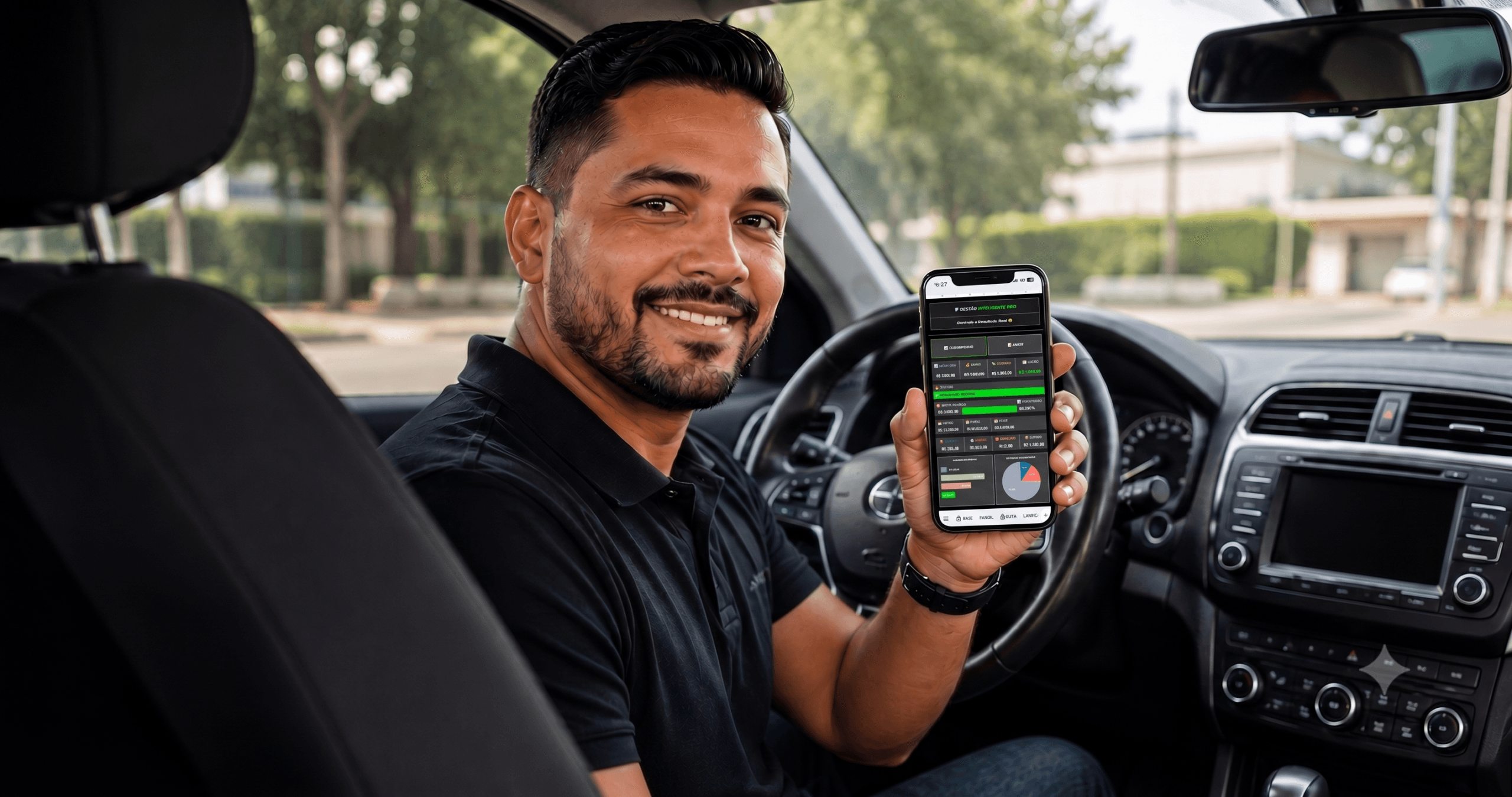 Dashboard de controle financeiro para motorista Uber mostrando gráficos de ganhos diários e custos com combustível.