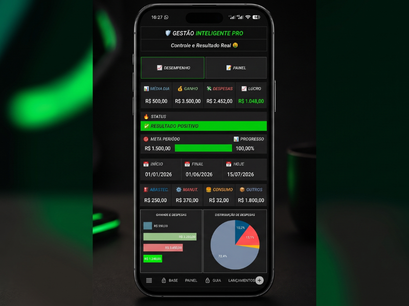 Interface do sistema Gestão Inteligente Pro exibida em um smartphone moderno com gráficos em verde neon demonstrando o controle de lucro e despesas para motoristas autônomos.