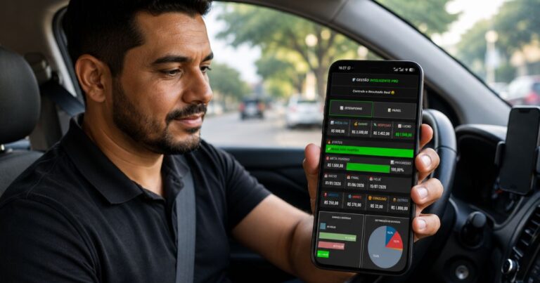 Gestão Financeira para Motorista de Aplicativo com gráficos de custos e lucros no smartphone
