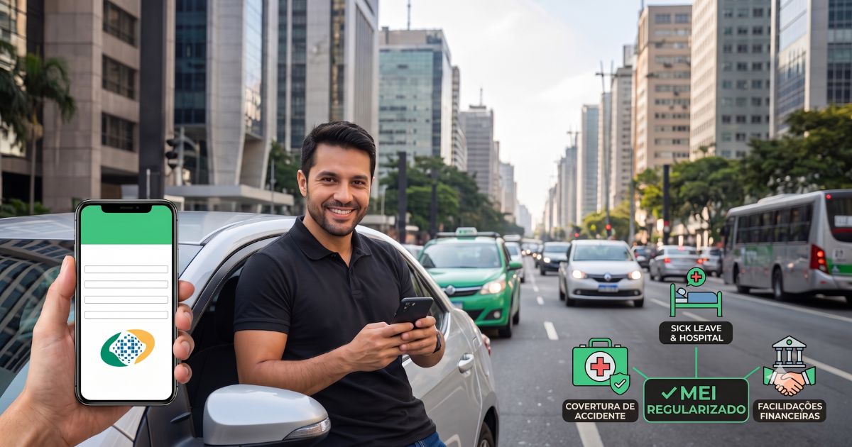 Motorista de aplicativo sorrindo no suporte de seu veículo enquanto segura um documento de formalização MEI no celular.
