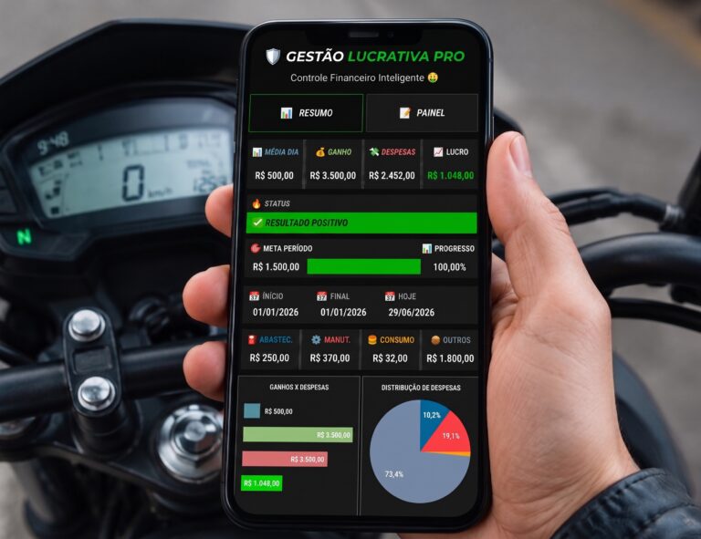 painel com gráficos da Planilha de Controle Financeiro para Motorista Uber e 99 mostrando cálculo de lucro e despesas