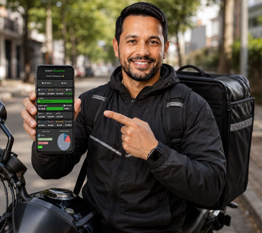 Imagem da tela da Planilha Motoboy exibindo gráficos de faturamento diário, gastos de combustível e cálculo de lucro líquido.